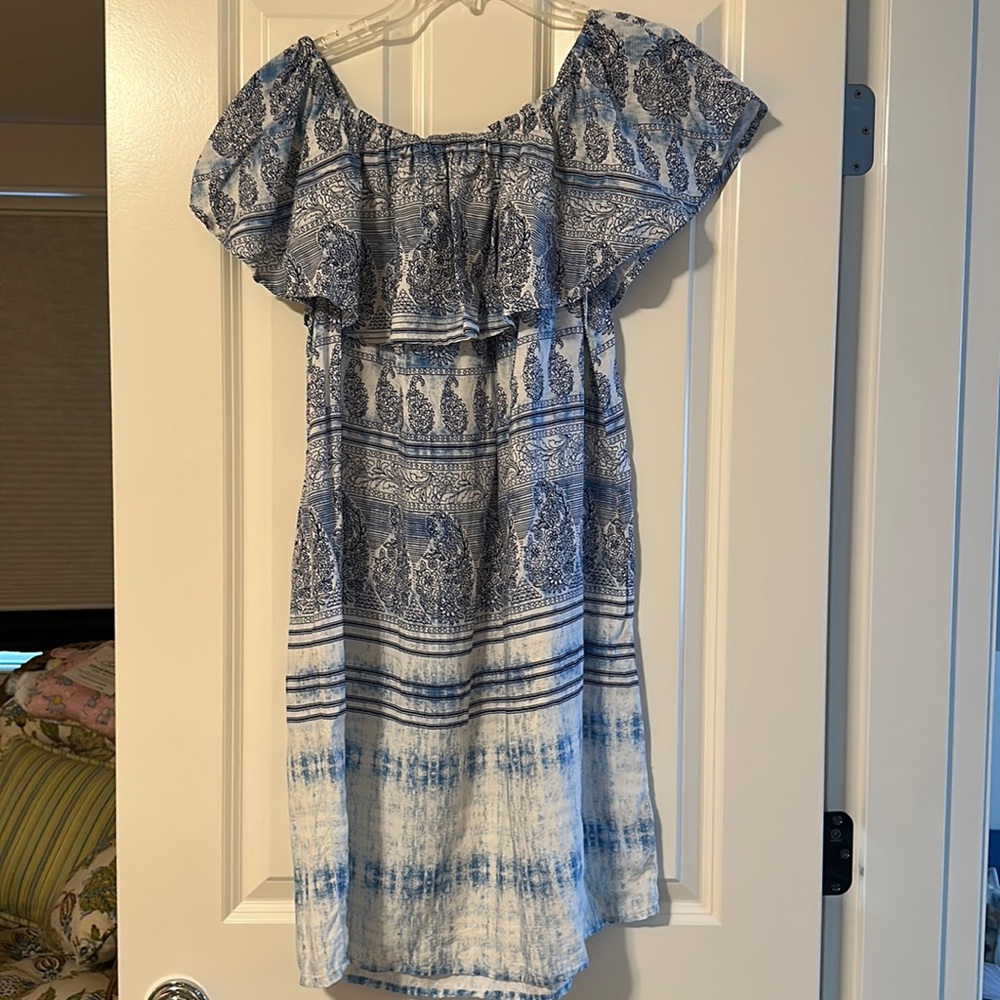 Off the shoulder blue Grecian dress